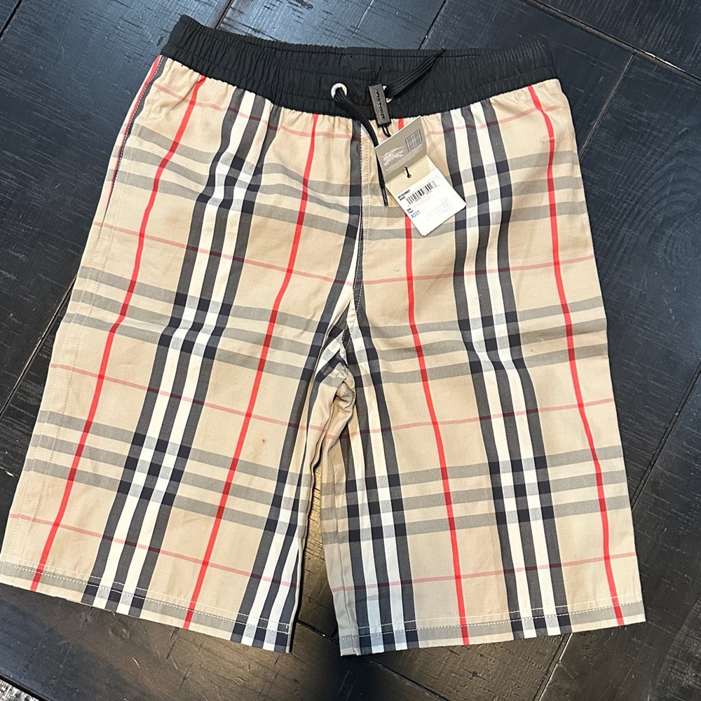 Boys youth size 8 Burberry Checkered swim trunks with Black and Red Accents